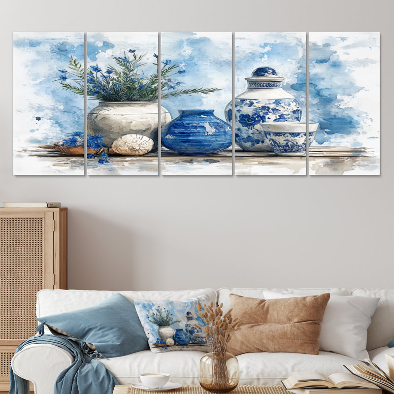 Bleu et blanc Boho Pottery Coastal Artistry III - ensemble d'art mural Boho Pottery, H 32 po x l 80 po