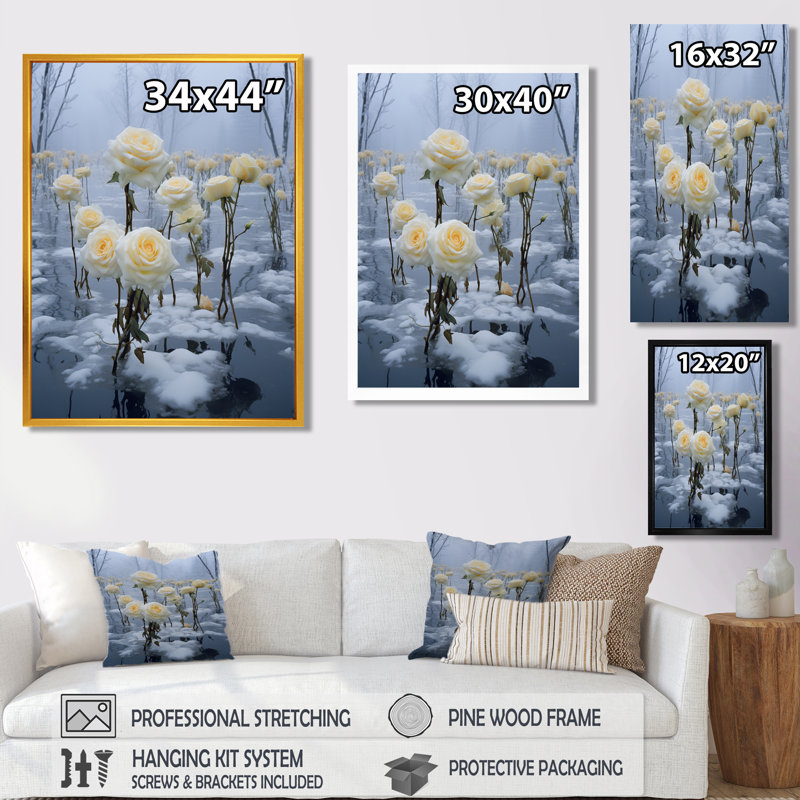Rose jaune, hiver, neige, lac, roses, art mural, salon, H 20 po x l 12 po x P 1 po, Toile avec cadre flottant noir