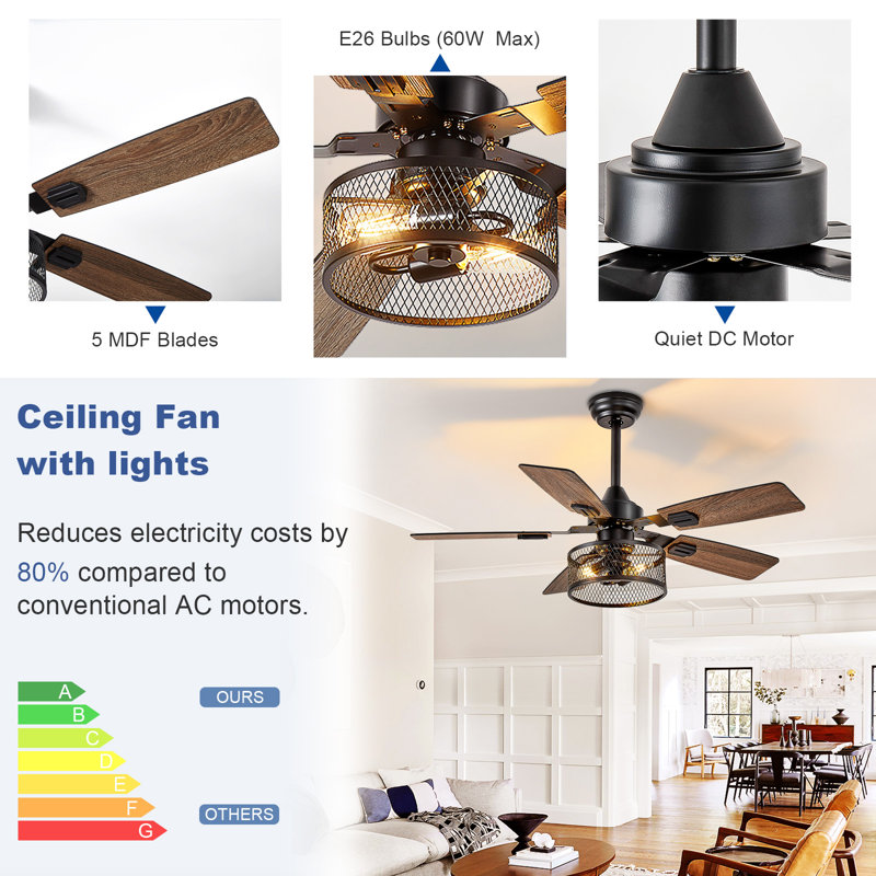 52 Inch Fine Net Caged Ceiling Fans with Lights, Dual Finish 5 Black Walnut Blades Hanging Fan, Rustic Ceiling Fan with Remote APP Control for Farmhouse Indoor/Outdoor Use
