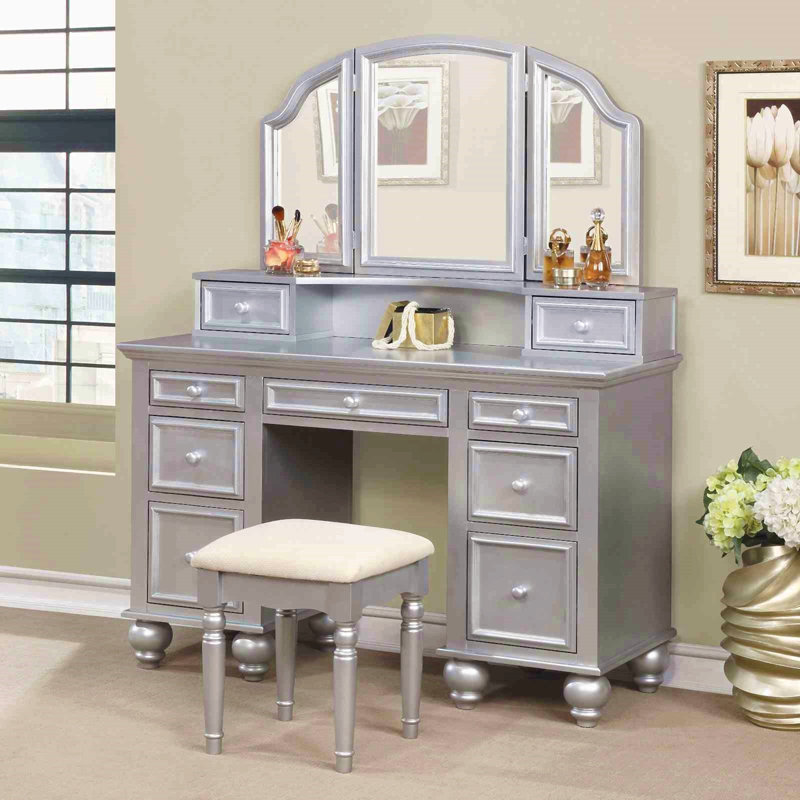 Transitional Style  1Pc Vanity W/ Stool Set Knob Handles Storage Drawers 3-Sidded Mirror Bedroom Furniture, Silver