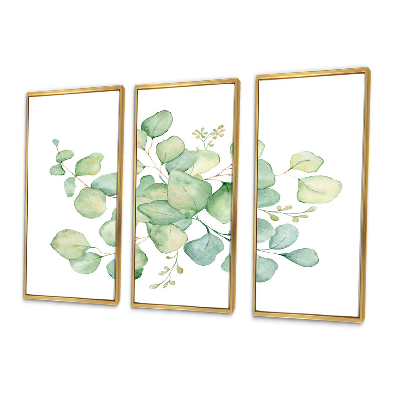 Bouquet d'eucalyptus vert sur blanc - ensemble d'art mural sur toile traditionnel encadré de 3, H 20 po x l 36 po, Doré