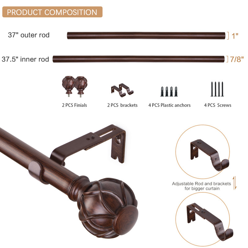 Tringle à rideaux simple ajustable Derra, 28" - 48", Bronze