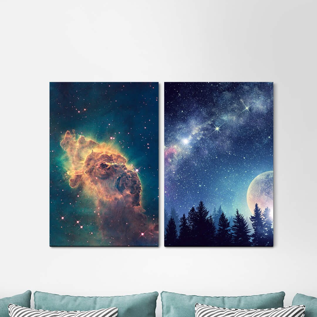 2-tlg. Leinwandbilder-Set - Grafikdruck „Nebula Universe Full Moon Milky Way Galaxy Magic”