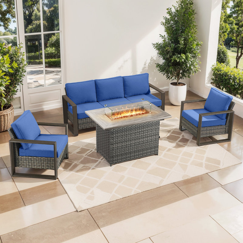 Aldiana 4-Piece Outdoor Conversation Set With Fire Pit Table, 5-Person Wicker Patio Seating Group With Sofa And Armchairs