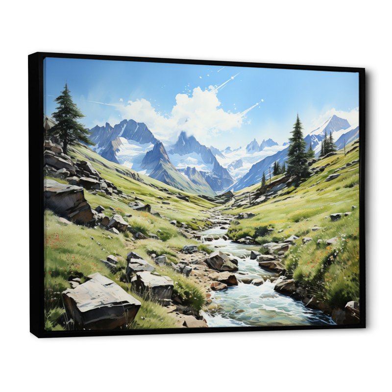 Birpi Green Blue Mountains Alpine Symphony, reproduction d'art sur toile, 34" H x 44" W, Cadre flottant noir