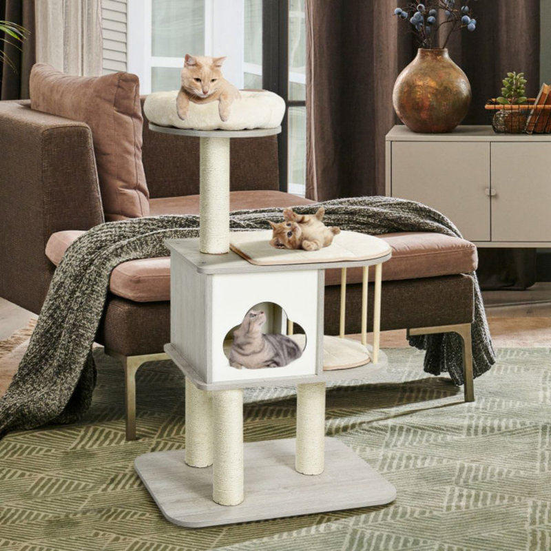 46'' Gray Wooden Cat Tree with Sisal Posts and Cushions