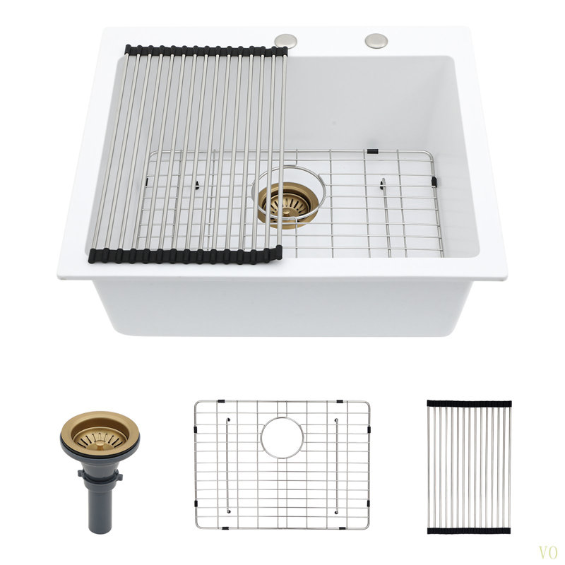 Quartz Kitchen Sink - 25X22"  Granite Composite Drop-In Kitchen Sink, Glossy White