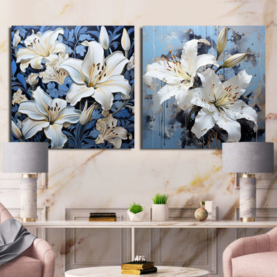 Ensemble de 2 collages carrés lis blancs et bleus