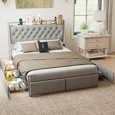 Queen Metal Platform Bed Frame With RGB LED & Charging Station