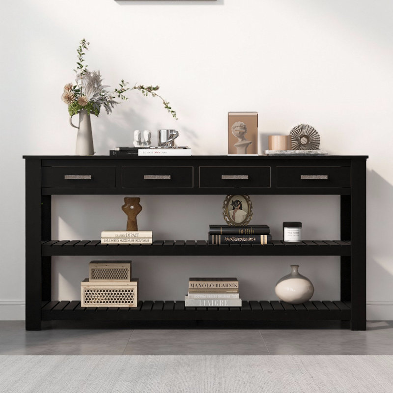 Console 62,2 po avec 4 tiroirs et 2 tablettes, Noir