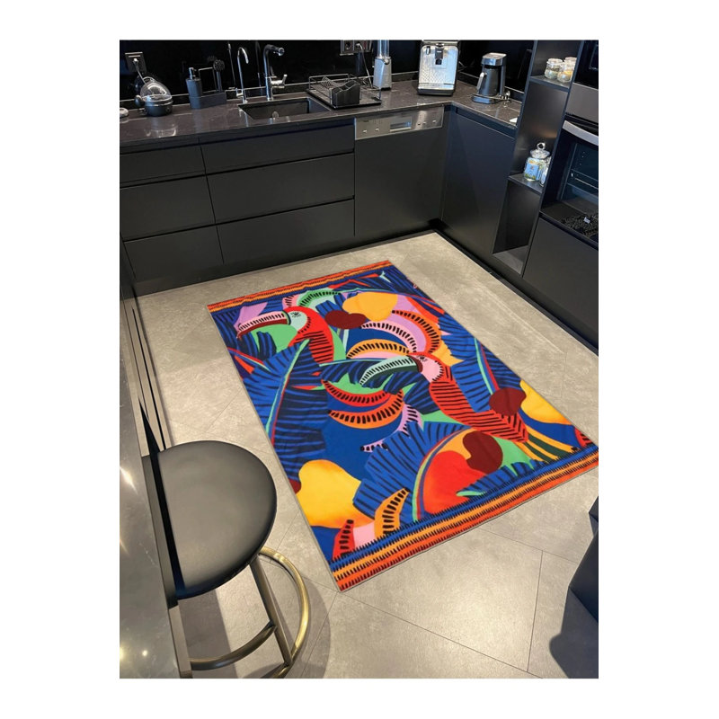 Tapis décoratif avec motif de perroquet dans des tons bleus, Rectangle 2 pi 4 po x 4 pi