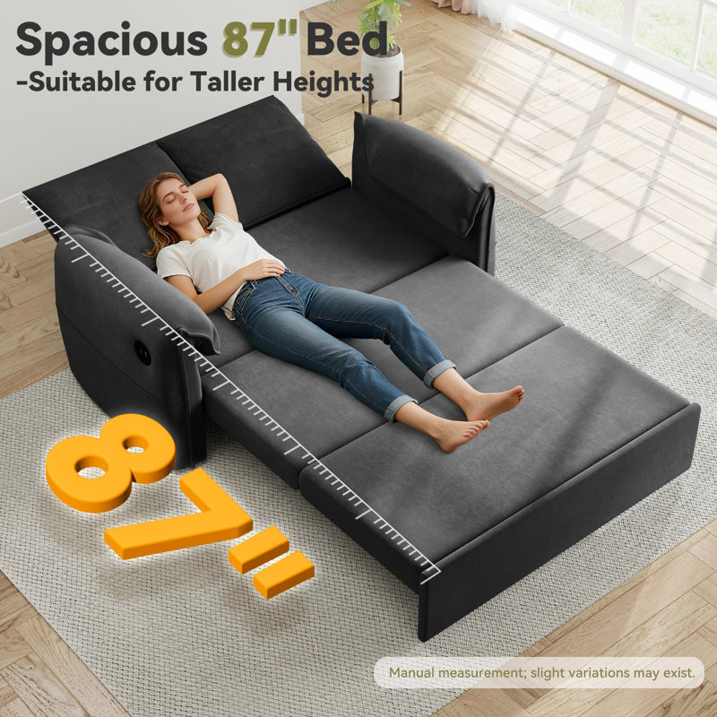 55.1" Compact Sleeper Couch With 5-Position Adjustable Backrest, Hidden Storage & USB Charging 3-In-1 Pull Out Sofa Bed For Small Spaces