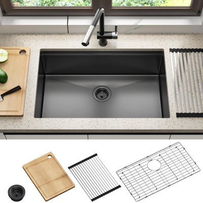 30 Inch Undermount Workstation Kitchen Sink - 16 Gauge Stainless Steel, Honeycomb Pattern PVD Gunmetal Finish, Single Bowl with Cutting Boards and Racks - Dark Gray