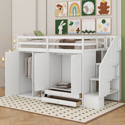 Twin Size Functional Loft Bed With 3 Shelves, 2 Wardrobes And 2 Drawers, Ladder With Storage