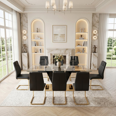 71"  Modern Dining Table Set, Glass Top Dining Room Table Set, Sturdy Kitchen Table with Upholstered Chairs