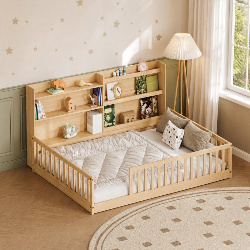 Lit double Montessori avec bibliothèque et rails de sécurité, Natural