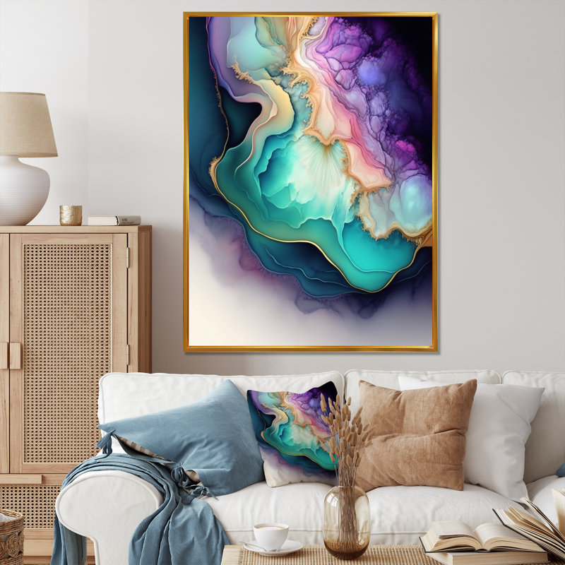Bleu et mauve abstrait Geode II - art mural abstrait en marbre, H 32 po x l 24 po x P 1 po, Cadre flottant doré