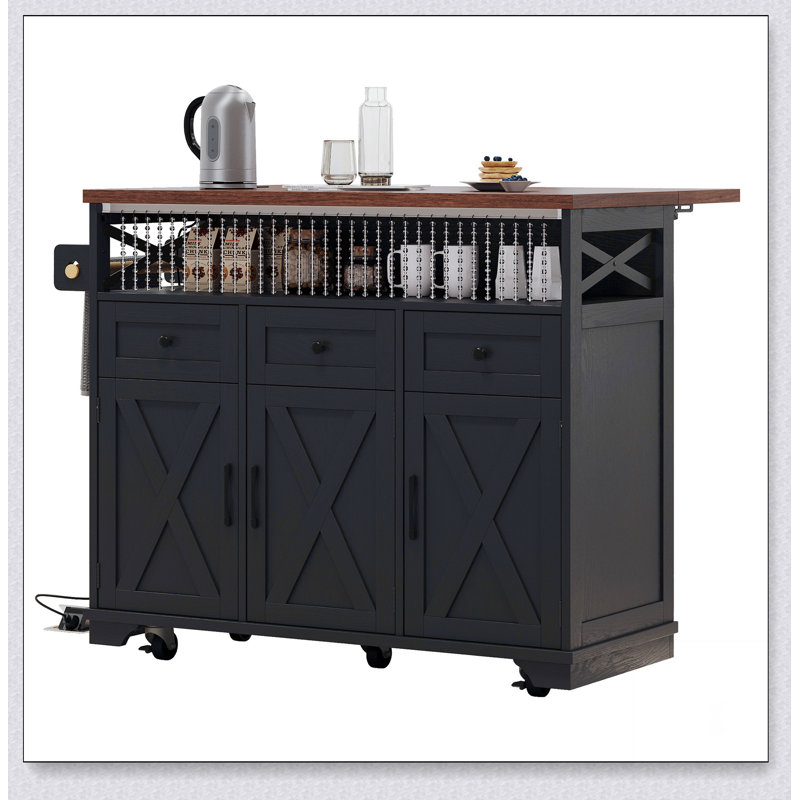 46.5'' Farmhouse Kitchen Island with Drape of Beads, Power Outlet, and Rolling Cart on Wheels, Ideal for Rustic and Modern Kitchens