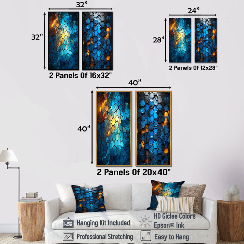 Fractale bleue et jaune mosaïque I - formes abstraites modernes, ensemble de 2 impressions sur toile, Toile tendue