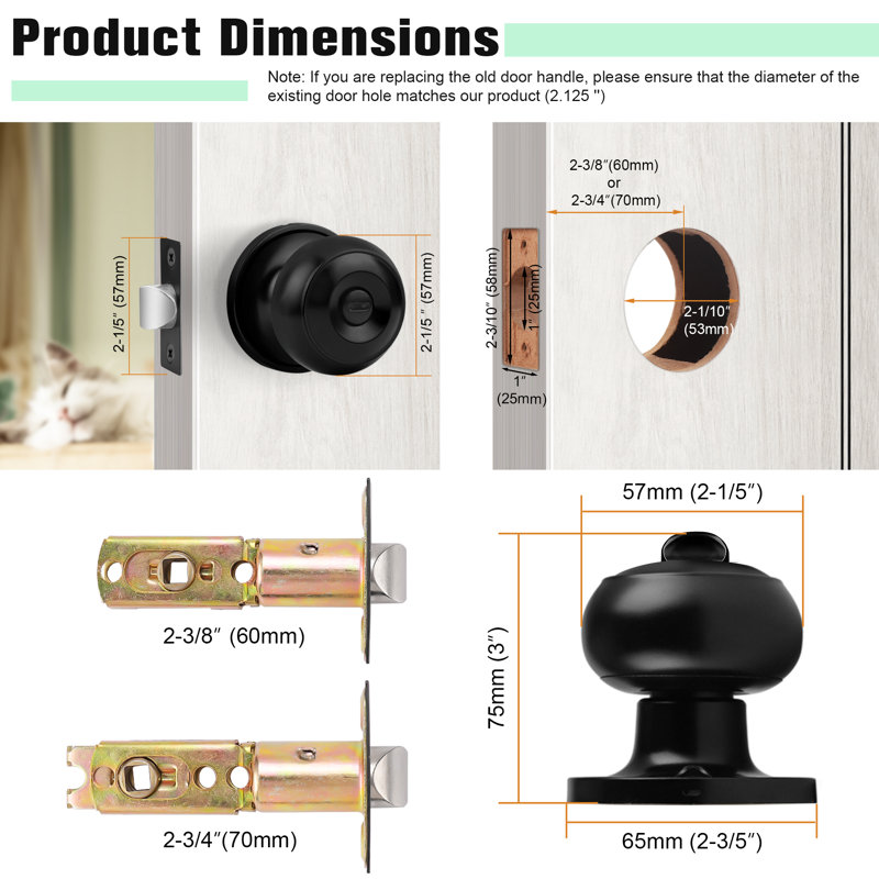 Door Knobs with Round Rosette, Keyless Lock, Black, Privacy (Bed & Bath)