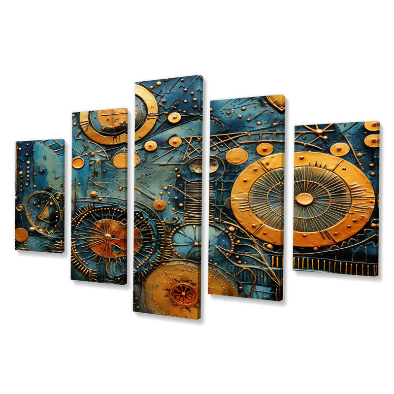 Ancienne boussole géométrique en or et bleu II - reproduction d'art moderne sur toile géométrique - 5 panneaux