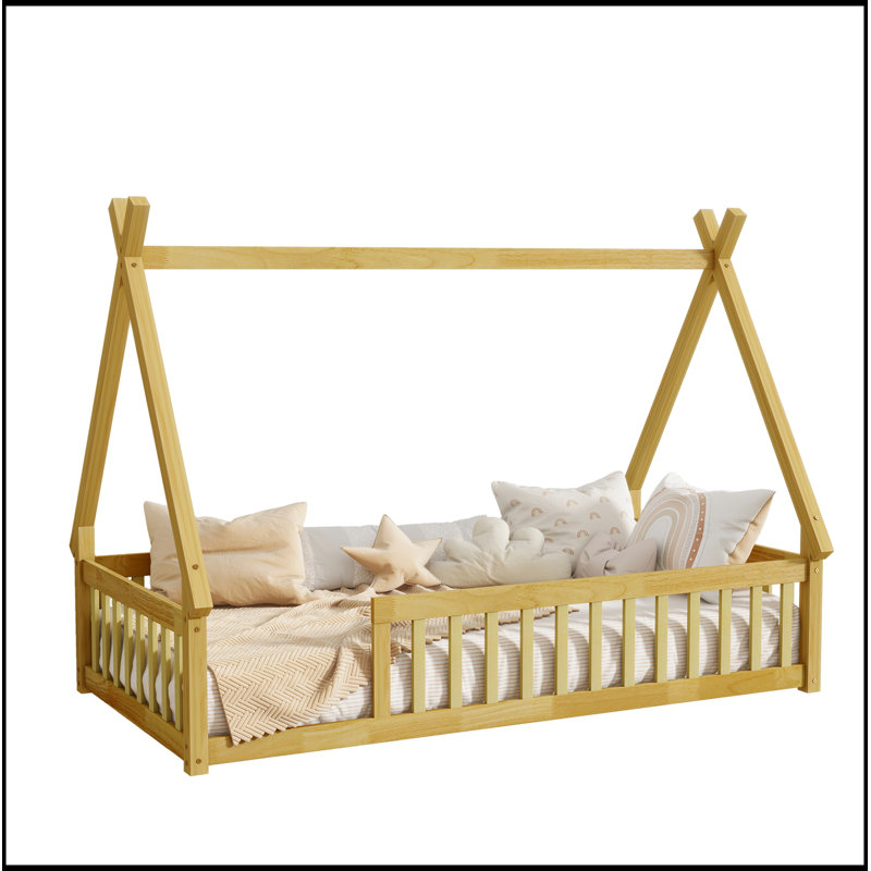 Twin Tent-Shaped Floor Bed,Teepee Bed With Guardrails,Slats,Natural, Natural