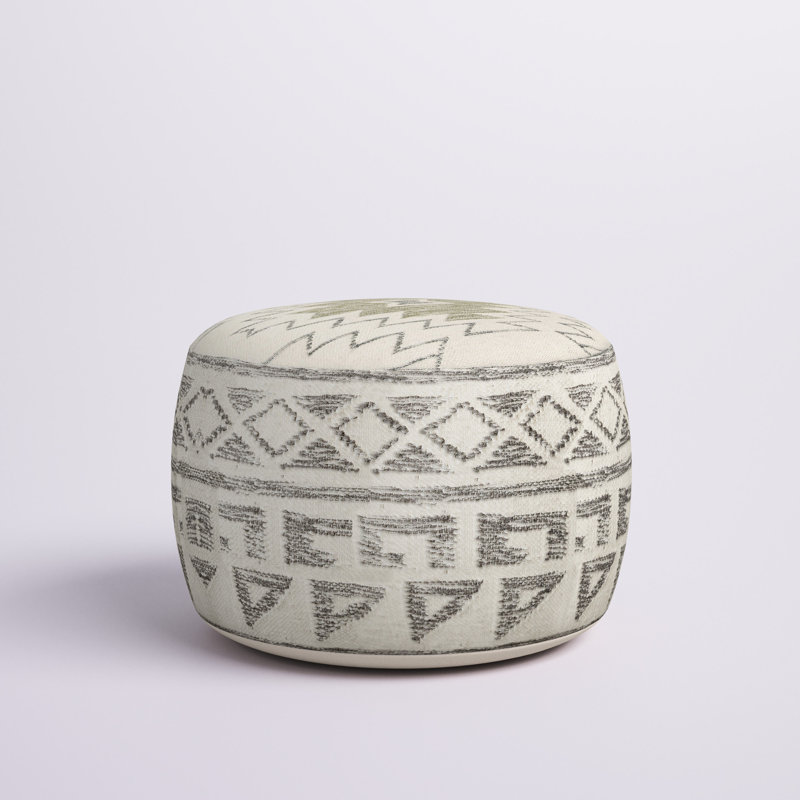 Round Wool Blend Kilim Pouf Ottoman with Geometric Design, 14.5" H x 20" W x 20" D