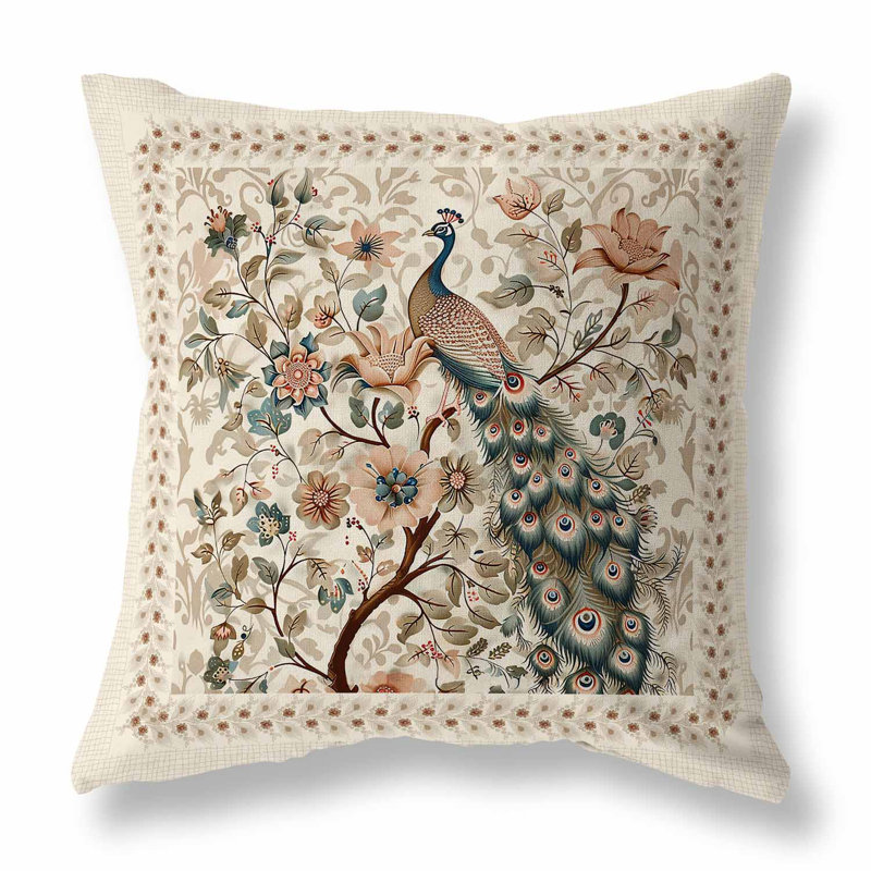 Coussin intérieur / extérieur Peacock Kalamkari, H 18 po x l 18 po