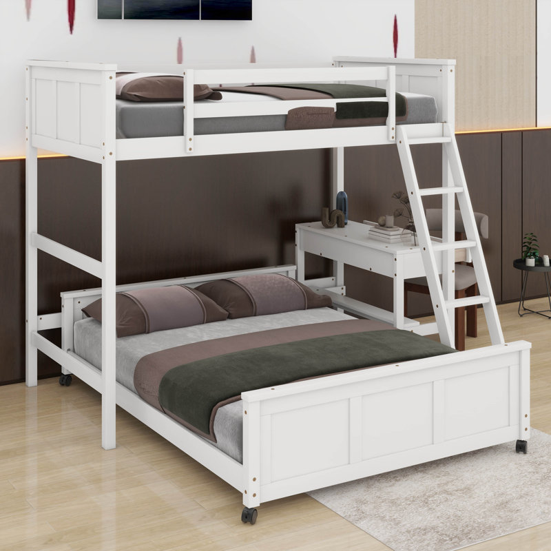 Lit simple superposé au dessus d'un lit double avec bureau, Blanc