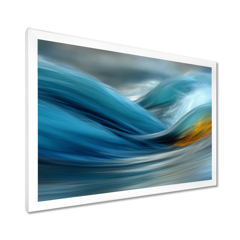 «Yellow Blue Wave», reproduction d'art sur toile encadrée jaune, H 30 po x l 40 po, Cadre photo unique, Blanc