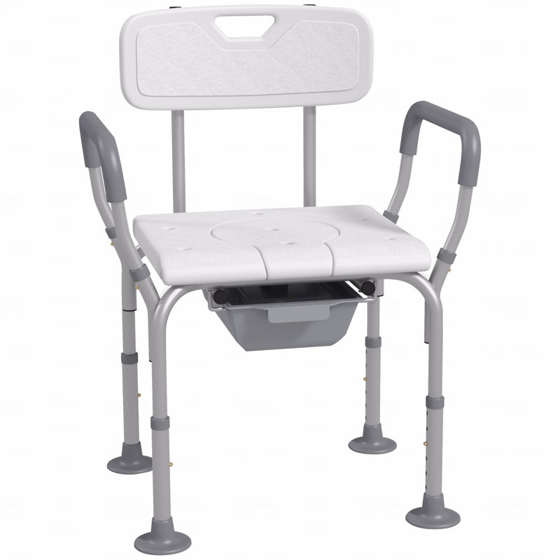 Chaise d'appoint 3 en 1 avec dossier et accoudoirs, commode de chevet réglable en hauteur, siège de toilette surélevé avec repose-pieds en caoutchouc antidérapant pour les personnes âgées