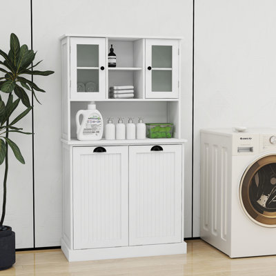Armoire de salle de bain haute à deux compartiments avec panier à linge inclinable, solution de rangement compacte et élégante pour les maisons modernes