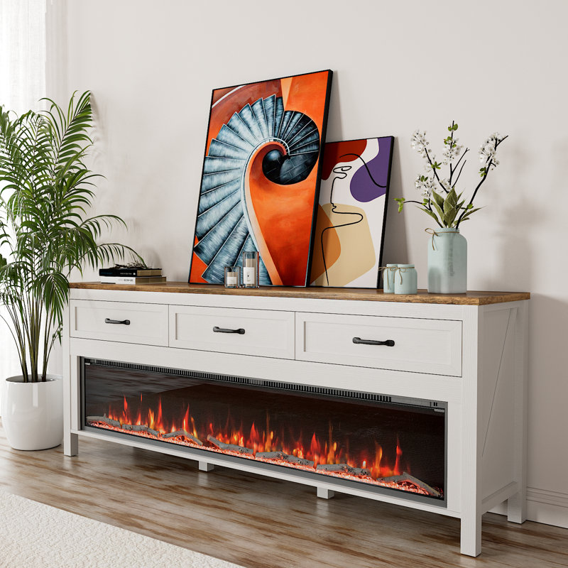 Farmhouse Fireplace Tv Stand For Up To 75 Inch Tv, Entertainment Center With 60" Electric Fireplace For 65 75 Inch Tv, 65" Tv Stand With Storage Cabinet Drawer For Living Room (off White)