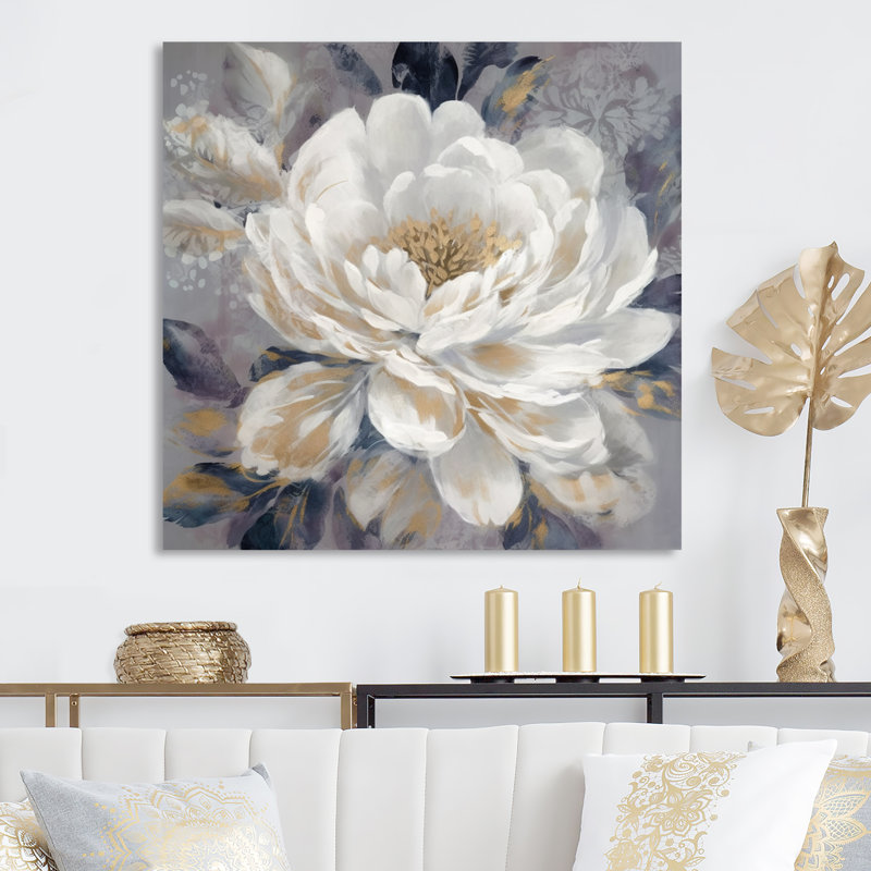 Gonzella Emotion Of White Gold Peony Flower I sur impression métallique, H 16 po x l 16 po x P 1 po