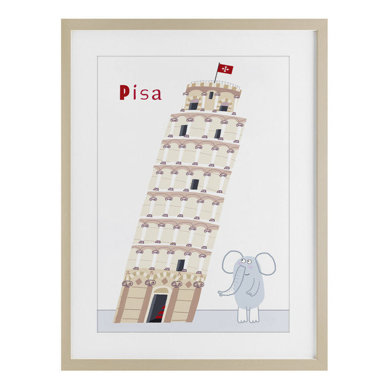 Éléphant et tour penchée de Pise, reproduction sous verre, design par Carla Daly, H 23 po x l 17 po, Cadre de récolte en pin