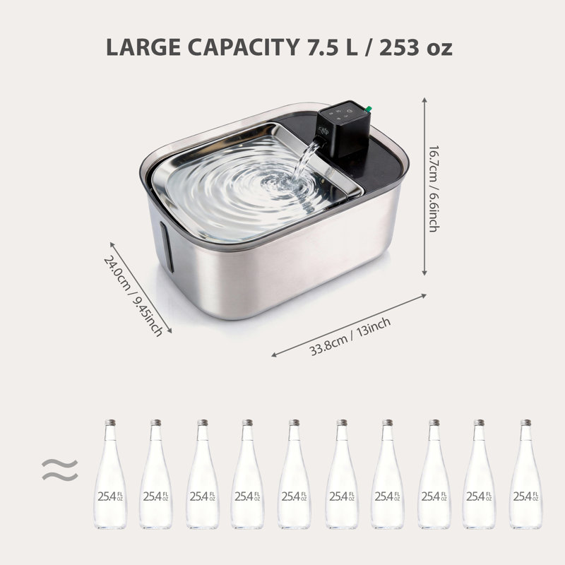 Fontaine à eau pour chat sans fil en acier inoxydable de 7,5 Lt