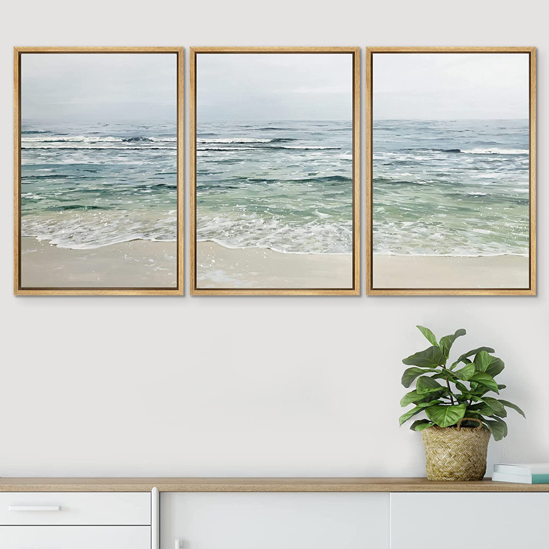 SIGNLEADER Framed Canvas Print Wall Art Set Pastel Green Ocean Wave Beach Horizon Nature Wilderness Illustrations Modern Art Decorative Scenic Rustic For Living Room, Bedroom, Office SIGNLEADER