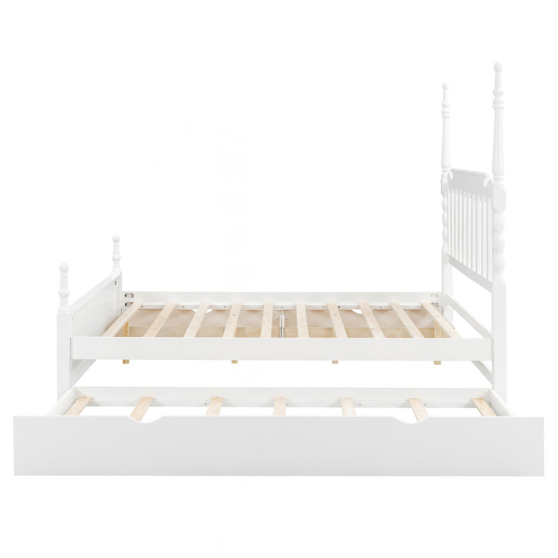 Grand lit plateforme avec lit gigogne simple TG et 2 tiroirs de rangement, lit classique avec tête de lit à broche, Blanc