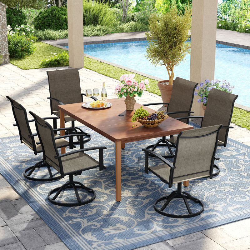 6-Person Rectangular Patio Dining Set With 360° Swivel PVC-coated polyester Chairs, Brush Wood Brown/Brown