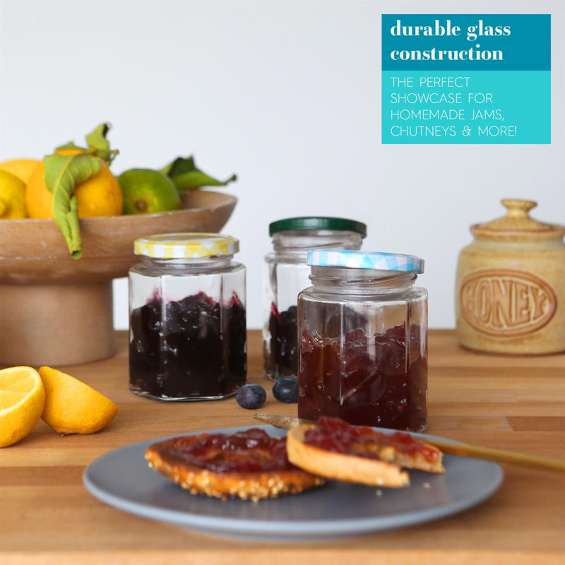 Hexagonal Glass Jam Jars with Screw-Top Metal Lids - 250ml, Red, 12