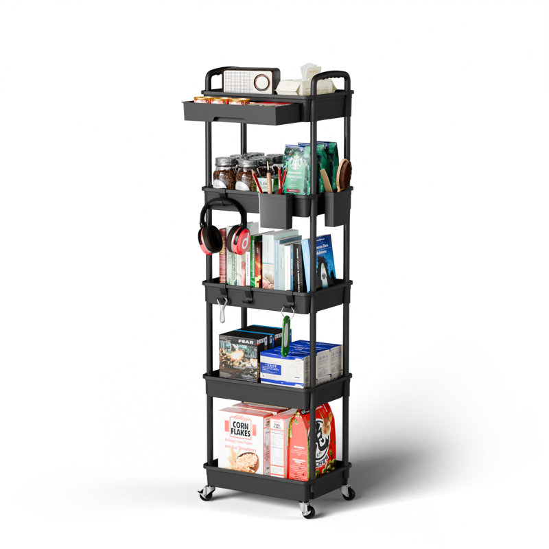 Rolling Storage Cart, 5 Tier Storage Organizer Utility Cart Mobile Shelving Unit, Matte Black