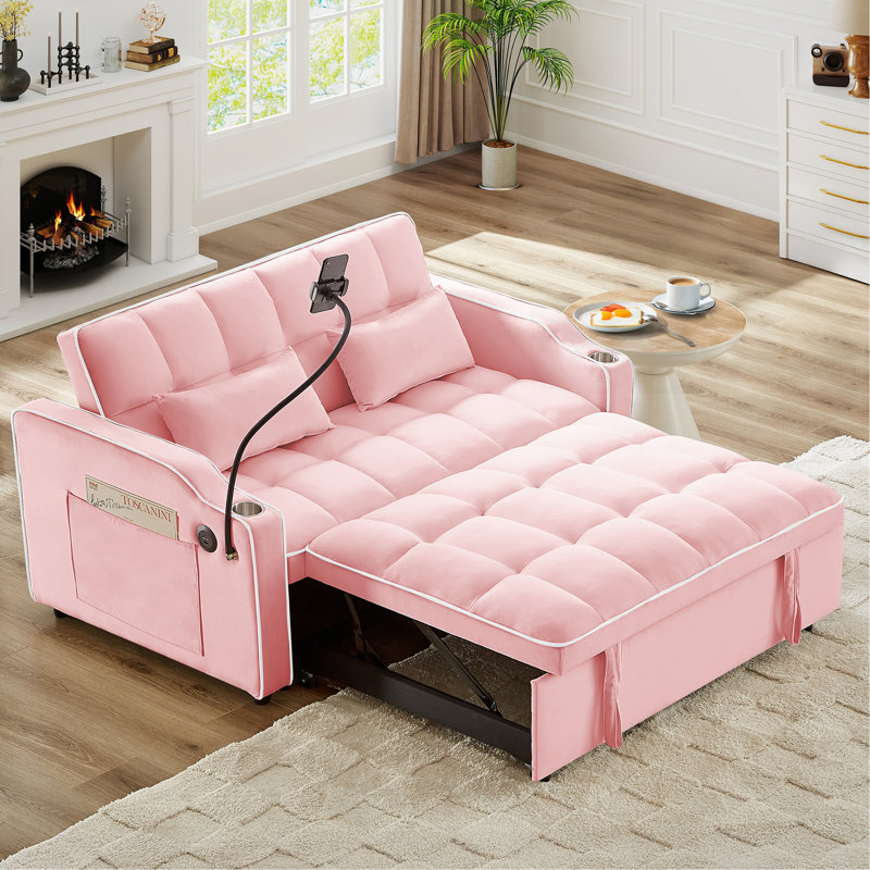 Versatile Foldable Double Seat Recliner, Comfortable Velvet Pull-Out Sleeper Sofa Bed With Side Pockets, USB Port, Swivel Phone Stand, Ashtray And Adjustable Backrest