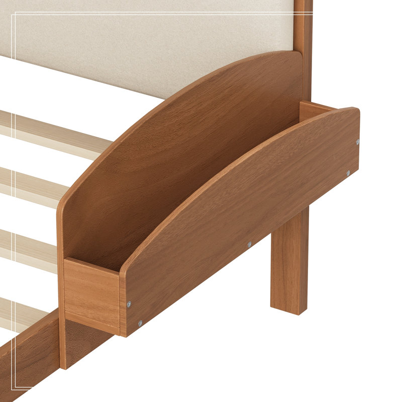 Structure simple en bois rembourré avec tête de lit arquée et tablettes de rangement latérales, Noyer