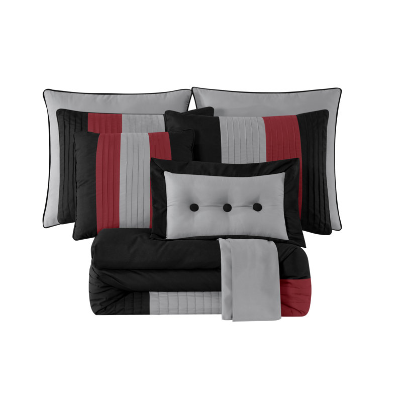 Loft 8-Piece Pleated Stripe Microfiber Comforter Set, Queen Comforter + 2 Standard Shams, Red