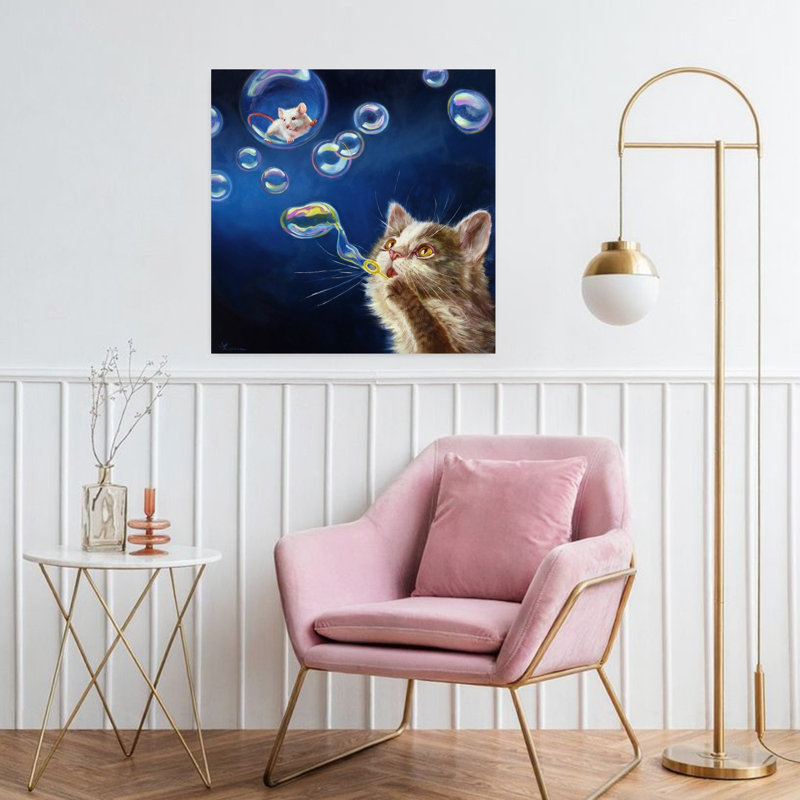 Blowing Bubbles Contemporary Cat Urban Art, 32" H x 32" W