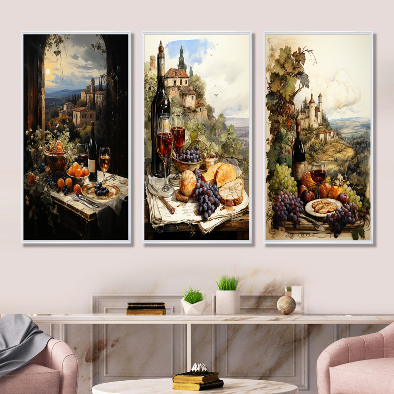 «Italian Wine Savory Journey», ensemble d'art mural sur toile 4 pièces, H 28 po x l 36 po, Cadre flottant blanc