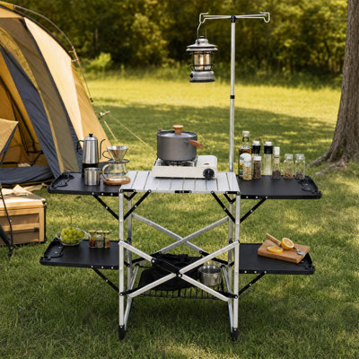 Table de cuisine pliante pour camping - Station de cuisson extérieure portable avec plateau résistant à la chaleur