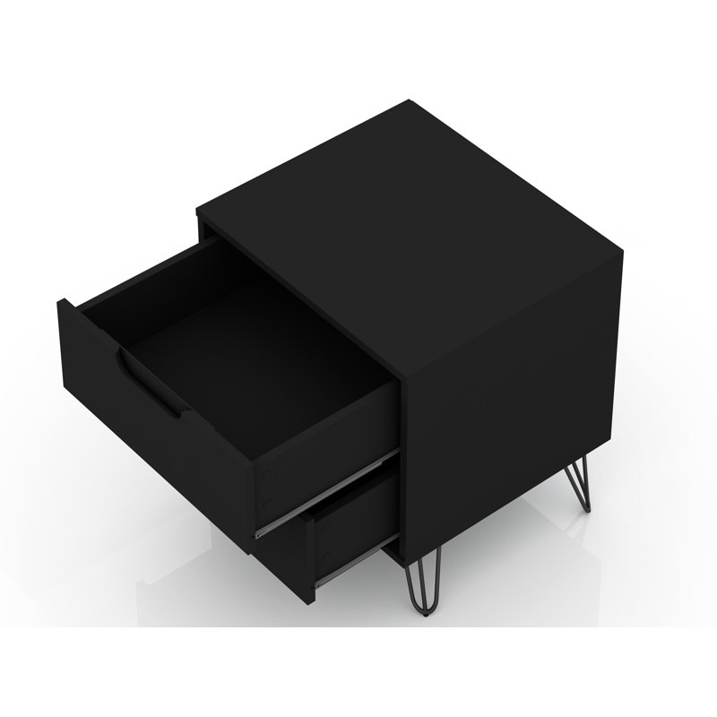 Rockefeller 20" Mid-Century Modern 2-Drawer Nightstand in Black, Black/Black