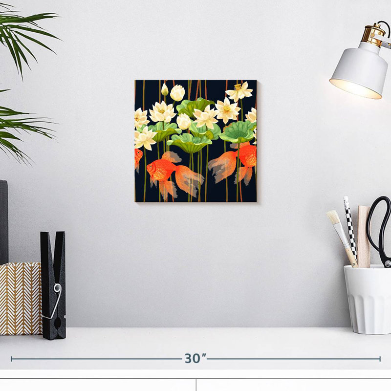 Poisson rouge et fleurs de lotus, H 10 po x l 10 po