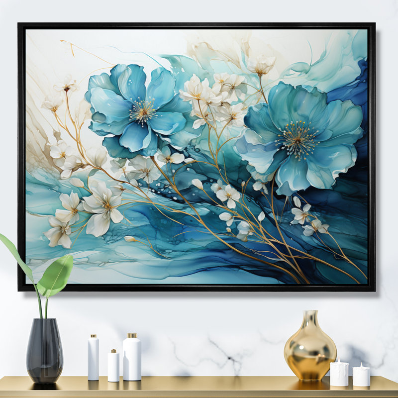 «Avanos» sarcelle or abstrait fractal mystique mirage II, Cadre flottant noir, H 30 po x l 40 po x P 1,5 po